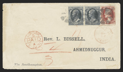 154, 30c Black, well centered horizontal pair along with single of the 6c Carmine grilled (137 pre-printing fold), together they pay the triple British Mail rate, tied to a
famous printed Bissell correspondence cover to Ahmednuggur, India b