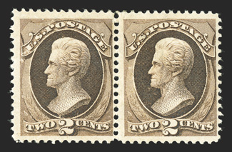 157, 2c Brown, horizontal pair, sumptuously rich color, o.g., very lightly hinged, fine 1995 PF certificate.