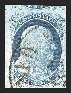 9 var., 1c Blue, Ty. IV, position 91L1L, triple transfer, one inverted, a highly select example of this important position, possessing large to huge margins all around,
including a partial sheet margin at left and displaying a portion of the