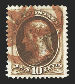 161, 10c Brown, a striking used single that is extraordinarily well centered within especially wide margins, especially strong rich color and a well defined impression,
cancelled by a red fancy NYFM (Weiss Type ST-5P3), extremely fine gem 2