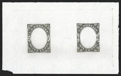 186-E1b, 1879 6c and 7c Philadelphia Bank Note Co. frame essays, side by side, die on proof paper, eight different colors, all full size and fresh, a couple with typical small
hinge thins, overall a very fine and handsome group.