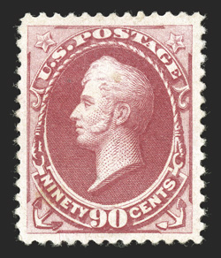 191, 90c Carmine, exceptionally well centered within uncommonly large margins, rich bright color and a crisp impression, o.g., current certificate notes an added perf. at top
right, extremely fine appearance clear 1988 PF certificate and a 2010