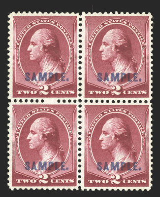 210SK, 2c Lake special printing, overprinted SAMPLE type K in blue, scarce block of four, beautifully centered, without gum, choice very fine.