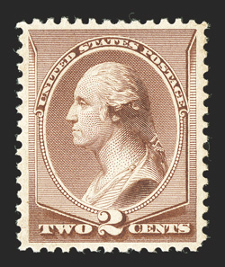210, 2c Red brown, especially well centered, bright and fresh, o.g., never hinged, extremely fine 2010 PSE certificate (XF 90 SMQ $335.00).