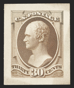 217P2a, 30c Orange brown, Panama-Pacific small die proof on yellowish wove, large margins, light toning as usual, very fine only 3-5 copies were ever made 1992 PF
certificate.