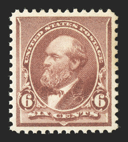 224, 6c Brown red, outstanding centering amid large balanced margins, fresh color and a clean impression, pristine o.g., never hinged, extremely fine gem an exceedingly choice
stamp 2004 PSE certificate (XF-Superb 95 SMQ $1,950.00).