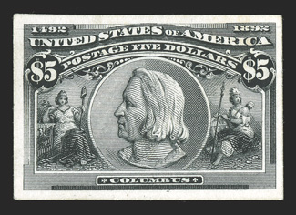 230P4-45P4, 1c-$5.00 Columbians, plate proofs on card cplt., fresh color, large margins all around, three values with trivial toned spot, 1c with tiny rub, otherwise a very
fine set.