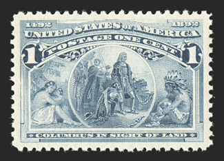 230, 1c Columbian, a marvelous mint single, flawlessly centered within exceptionally large margins all around, bright color on fresh white paper, unblemished o.g., n.h., an
extremely fine gem 2004 PSE certificate (Superb 98 SMQ $1,350.00).