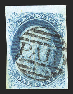 7, 1c Blue, Ty. II, position 8L1E, pretty used example, featuring a partial sheet margin at top and the other three margins quite large, bright fresh color and impression,
wonderfully postmarked by a socked-on-the-nose small Boston PAID in gri
