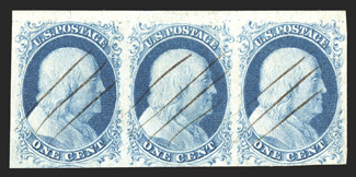 9, 7, 9, 1c Blue, Ty. IV, Ty. II and Ty. IV combination horizontal strip of three, positions 3-5R1L, position 4R1L being the sole position on Plate One Early that was not recut,
a lovely strip that is exceptionally well margined, including a