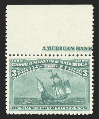 232, 3c Columbian, an especially handsome top margin partial imprint single, beautifully centered within large margins, exceedingly fresh, with brilliantly rich color on bright
white paper, o.g., n.h., an extremely fine gem a stamp for the perf