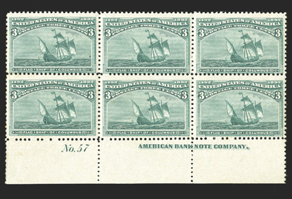 232, 3c Columbian, bottom margin imprint and plate No. 57 block of six, fresh and intact, o.g., n.h., top left stamp with a natural inclusion, perfs. touch the top row,
otherwise fine-very fine.