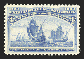 233, 4c Columbian, exceptionally well centered and margined, lovely bright color on crisp white paper, o.g., n.h., extremely fine 2005 PSE certificate (XF-Superb 95 SMQ
$1,000.00).