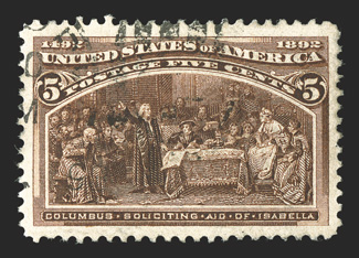 234, 5c Columbian, a highly select used example, extraordinarily well centered amid lavishly large margins, rich bright color and an excellent clarity of impression, light and
unobtrusive cancel, an extremely fine gem 2010 PSE certificate (XF-S