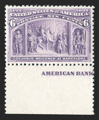 235a, 6c Columbian, bottom sheet-margin part imprint single, beautifully centered within balanced margins, rich color and crisp impression, o.g., n.h., extremely fine photocopy
of 2001 PF certificate for a vertical pair, this being the bottom s