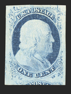 7, 1c Blue, Ty. II, position 4R1L, an extremely rare unused example of this important position, which is the only one on Plate 1L which was not recut, large to mostly huge
margins all around, including showing a portion of the adjoining stam
