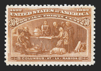 239, 30c Columbian, fresh mint single, nicely centered within large margins, bright vibrant color, pristine o.g., n.h., very fine.