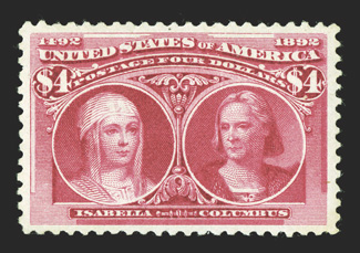 244, $4.00 Columbian, a highly desirable mint example, not only being wonderfully well centered within uncommonly large margins, but it also possesses deep intense color and a
razor-sharp impression, full o.g., lightly hinged, extremely fine 19
