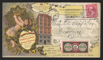 249, 2c Carmine lake, Ty. I, tied by New York, N.Y.Dec 27, 1894 machine cancel to visually stunning all-over front and back multicolored Seabury & Johnson advertising cover for
medical and surgical supplies to Providence, R.I., fresh and extr