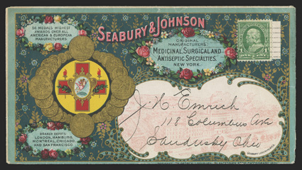 279, 1c Deep green, tied by 1901 New York, N.Y. machine postmark to eye-arresting all-over front and back multicolored Seabury & Johnson advertising cover for medical and
surgical supplies to Sandusky, Ohio, fresh and extremely fine 2010 PF cer