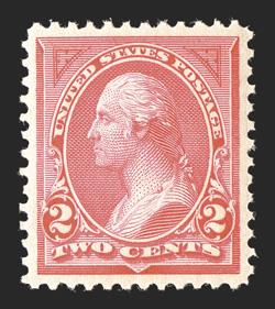 250, 2c Carmine, Ty. I, a magnificent mint example, being in a condition that is almost never encountered on this stamp, impeccably well centered within much larger margins
than normally found, brilliantly fresh color, unblemished o.g., never hi