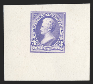 253TC1, 3c Light red violet, large die trial color proof on India, triangle type I, 42x42mm on card, bright color, very fine 2004 PSE certificate listed but not priced in
Scott.