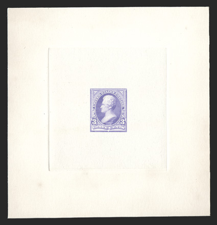 253ATC1, 3c Light red violet, large die trial color proof on India, triangle Type II, die sunk on 103x108mm card, bright color, very fine Scott does not list trial color proofs
of the Type II design ex-Burrows.
