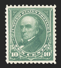 258, 10c Dark green, a most impressive mint single, featuring flawless centering amid large margins, deeply rich color and a superbly detailed impression, o.g., lightly hinged,
extremely fine gem 1999 PF certificate and a 2010 PSE certificate (