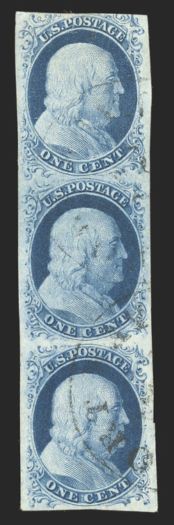 9, 1c Blue, Ty. IV, positions 81828R1L (reliefs TAB), vertical strip of three, large margins all around except at top (where there is a small facial scuff), deep rich color and
impressions, light strikes of circular town pmks., the bottom pa