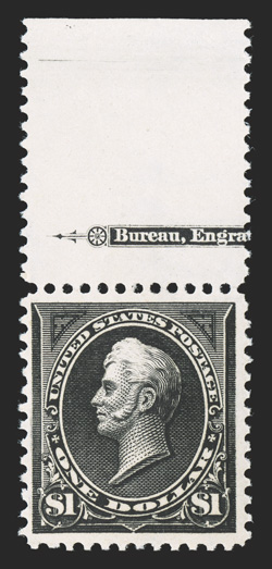 276, $1.00 Black, Ty. I, top margin partial imprint single, fresh with deep color and a sharp impression, large margins, o.g., n.h., very fine photocopy of a 2006 PF
certificate for the imprint strip of three from which this came.