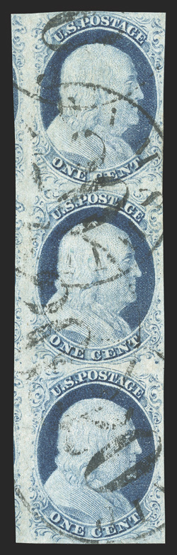 9, 1c Blue, Ty. IV, positions 344454R1L, handsome vertical strip of three, with four ample to mostly large margins, particularly at left which shows portions of the three
adjoining stamps, rich color, wonderfully postmarked with scarce large 