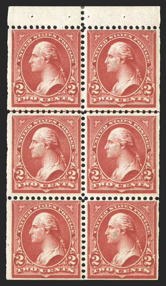 279Bk, 2c Red, Ty. IV, vertical watermark, booklet pane of six, pos. E showing horizontal guide line, well centered for this difficult pane, fresh and intact, o.g., l.h. at
top, very fine 1996 PF certificate.