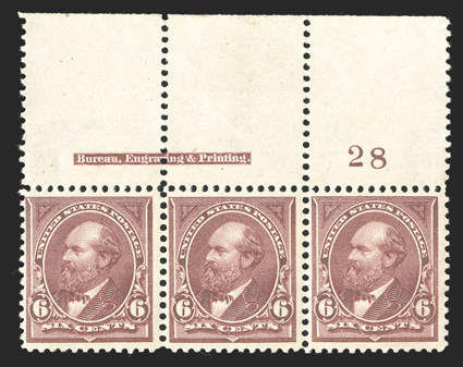 282a, 6c Purple lake, full top margin imprint and plate no. 28 strip of three, o.g., n.h., fresh and fine-very fine.