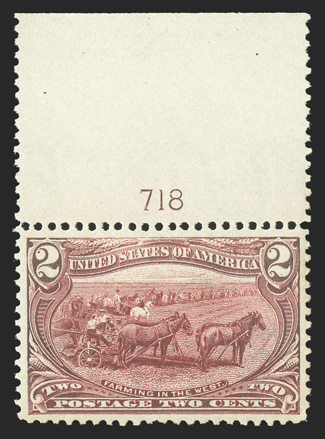 286, 2c Trans-Mississippi, top margin plate no. 718 single, uncharacteristically well centered and margined, strong color, o.g., n.h., extremely fine 2004 PSE certificate
(XF-Superb 95 SMQ $670.00).