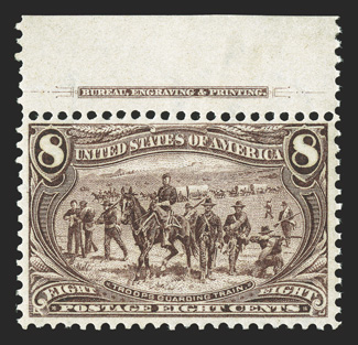 289, 8c Trans-Mississippi, top sheet-margin imprint single, excellent centering, o.g., hinged in the selvage only, the stamp n.h., extremely fine.