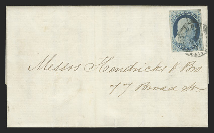9, 1c Blue, Ty. IV, position 65R1L, double transfer, a gem single with four large margins and deep rich color, tied to a clean 1857 folded letter by black U.S. Mail1City
DeliveryMay 11 carrier cancel, this cancellation in black is far m