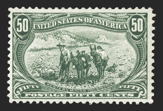 291, 50c Trans-Mississippi, scarce post office fresh mint example, luxuriant rich color and deeply etched impression on bright paper, nicely centered within generous margins,
pristine o.g., n.h., very fine 1991 PF and 1992 PSE certificates.