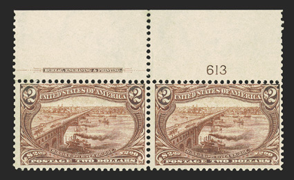 293, $2.00 Trans-Mississippi, top margin imprint and plate no. 613 pair, sumptuously rich color on fresh paper, o.g., l.h. in the selvage only, the stamps n.h., fine 1999 PF
certificate.