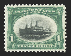 294, 1c Pan-American, a highly desirable mint single, flawlessly centered, brilliant colors and well incised impressions, pristine o.g., n.h., an extremely fine gem 2007 PSE
certificate (Superb 98 SMQ $1,250.00).
