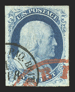 9, 1c Blue, Ty. IV, position 77R1L, gorgeous used single, featuring four large to extra-large margins, deep rich color and impression, beautifully cancelled by portions of both
a red New York c.d.s. and a British pacquet boat c.d.s., extreme