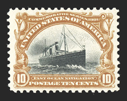 299, 10c Pan-American, uncommonly well centered and margined, strong rich colors, o.g., n.h., extremely fine 2006 PSE certificate (XF 90 SMQ $650.00).