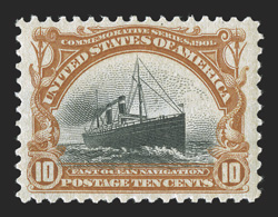 299, 10c Pan-American, lovely mint single, precisely centered within uncharacteristically wide margins, deep rich colors, o.g., n.h., an extremely fine gem.