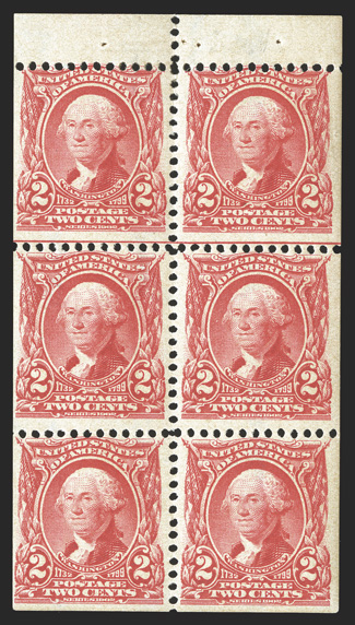 301c, 2c Carmine booklet pane of six, pos. E showing a horizontal guide line, strong and intact, o.g., fine-very fine.