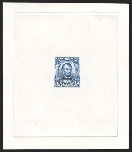 304-E1, 5c Blue, large die essay on India, rejected die, die sunk on card measuring 92x106mm, showing full die sinkage, being the rejected die, showing the figure at right
poorly draped, blank triangles below United States and no shading aroun
