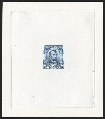 304-E2, 5c Blue, large die essay on India, incomplete design, die sunk on card measuring 92x105mm, showing full die sinkage, being an incomplete design, with shading on
allegorical figures unfinished, fresh and clean, very fine extremely rare a