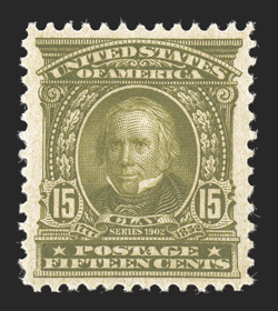 309, 15c Olive green, a most impressive mint single that is wonderfully well centered within large margins, rich bright color and an uncommonly strong impression, o.g., n.h.,
extremely fine 2005 PSE certificate (XF-Superb 95 SMQ $3,600.00).