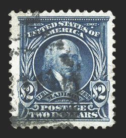 312, $2.00 Dark blue, used, well centered within uncommonly wide margins, intense color on bright white paper, extremely fine 1980 PF certificate.