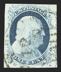 9 var., 1c Blue, Ty. IV, position 89R1L, bottom frameline broken, a superb used example of this scarce and desirable position, which shows a large break between the E and C in
the bottom frameline, this from the later printings as the pl