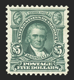 313, $5.00 Dark green, a highly select mint example of this scarce high value, being exceedingly well centered and margined, deep color and a razor-sharp impression on fresh
paper, o.g., lightly hinged, extremely fine an exceptionally choice st