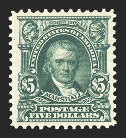 313, $5.00 Dark green, uncommonly well centered and margined, deep color and a sharp detailed impression, o.g., lightly hinged, extremely fine and choice 1984 PF certificate
and a 2008 PSE certificate (VF-XF 85 OGph SMQ $2,300.00).